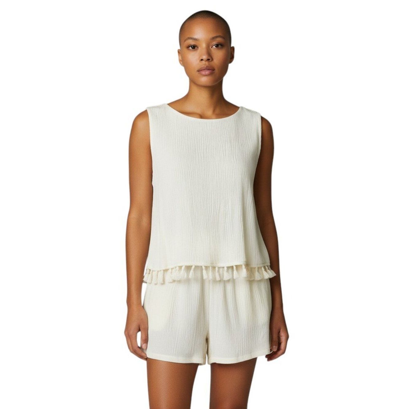 Yuni Apparel Ivory Tassel Trim Crinkle Sleeveless Romper Shorts Boho Size M